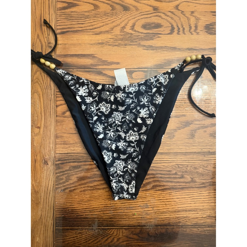 Hollister Bikini Bottoms Large Black‎ White Floral Wood Bead Side Tie Cheeky